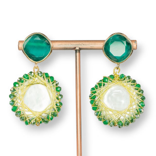 Orecchini A Perno Di Bronzo Con Cristalli Incastonati E Pietre Dure Intrecciate Di Bronzo 30x45mm Maiorca Bianca