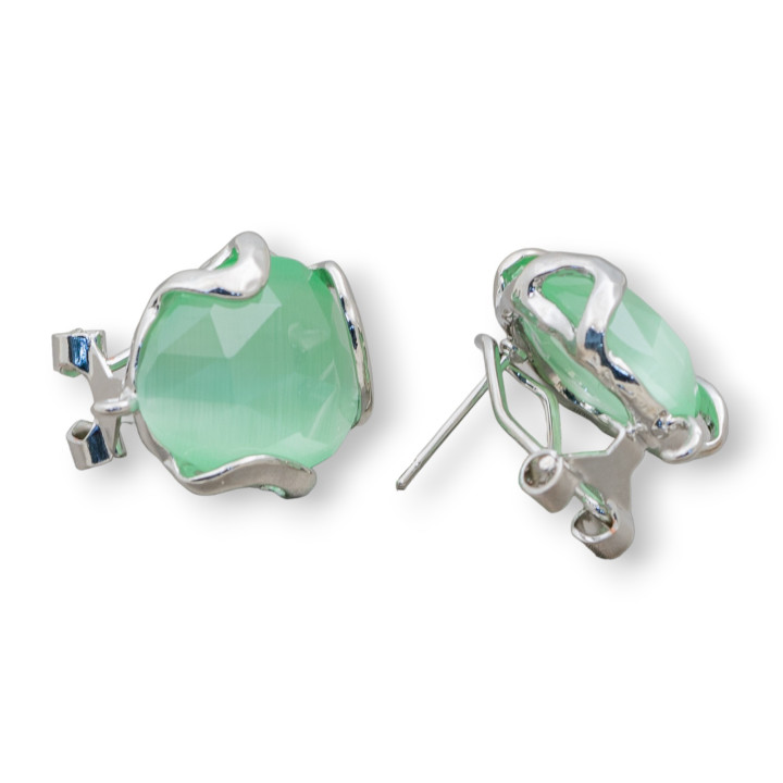 Base Per Orecchini A Perno Chiuso Di Bronzo Con Occhio Di Gatto Irregolare Sfaccettato 17mm 5 Paia Rodiato Verde Chiaro