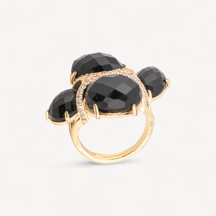 Bague Bronze Oeil de Chat Avec Zircons Taille Ajustable Doré Noir