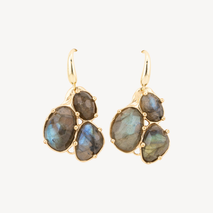 Orecchini Di Bronzo A Monachella Con Pendente Di Pietre Dure Incastonate Dorato Labradorite Grigio