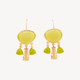 Orecchini Di Bronzo Con Occhio Di Gatto Incastonato E Gocce Di Cristalli CZ Verde acido