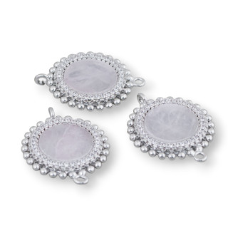 Connettore Componente Di Ottone Con Pietre Naturali Con 2 Anellini E Zirconi Tondo 20mm 6pz Rodiato Quarzo Rosa