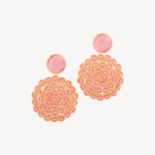 Orecchini Perno Di Bronzo Con Occhio Di Gatto e Perline Di Pietre Dure Rosa Chiaro