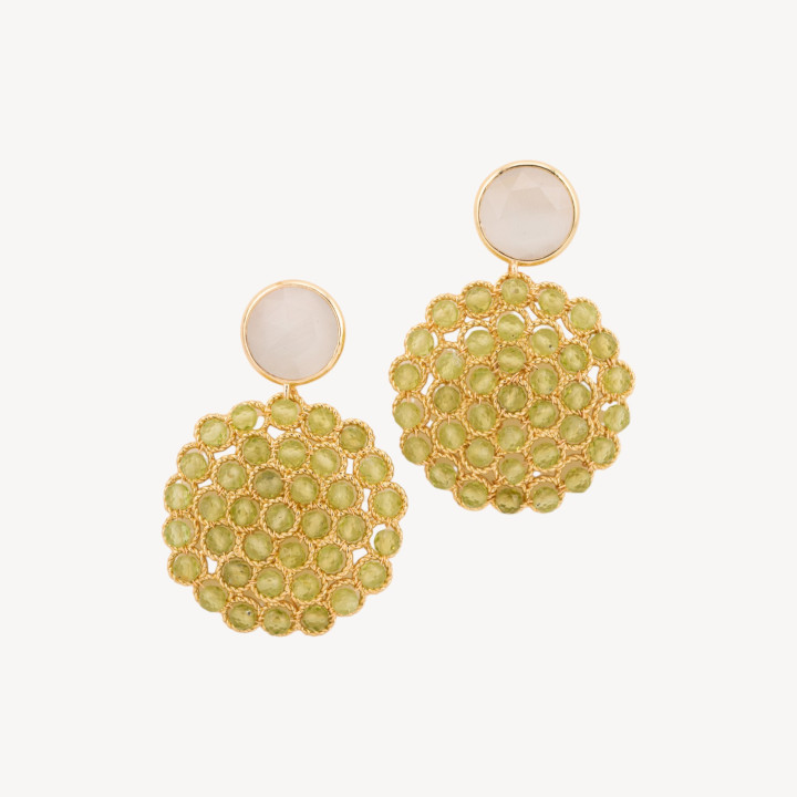 Orecchini Perno Di Bronzo Con Occhio Di Gatto e Perline Di Pietre Dure Verde Foresta