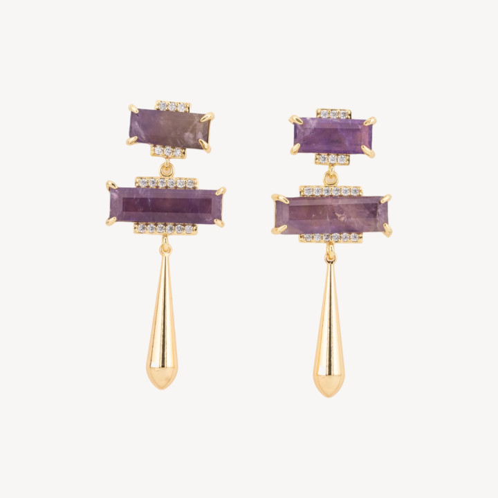 Orecchini Perno Di Bronzo Con Pietre Dure E Goccia Di Bronzo 22x50mm Ametista