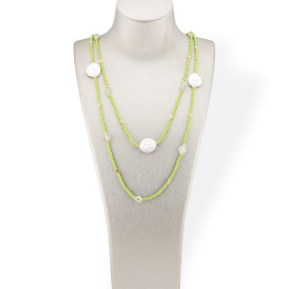 Collana Bijoux Charlestone Di Pietre Dure Perle Di Fiume Barocche Piatte, Ematite E Cristalli 160cm Verde Acido