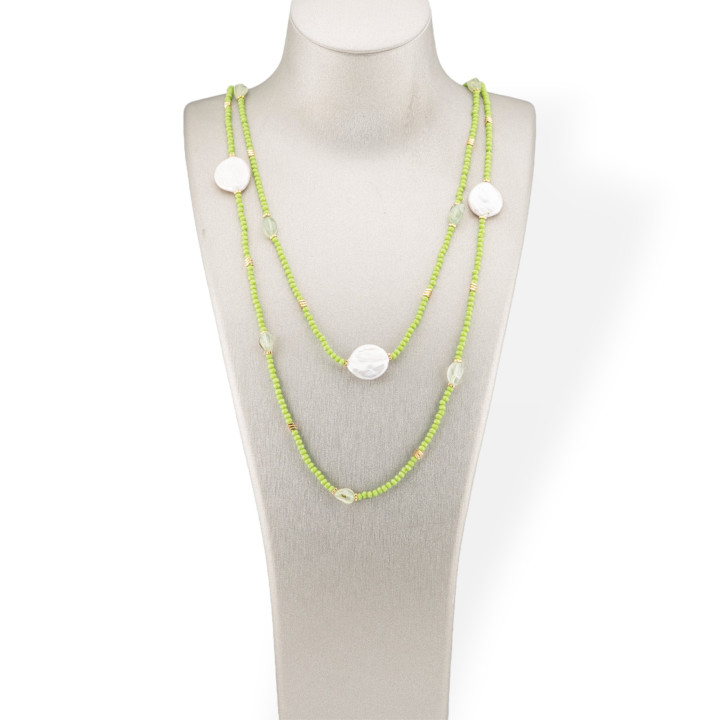 Collana Bijoux Charlestone Di Pietre Dure Perle Di Fiume Barocche Piatte, Ematite E Cristalli 160cm Verde Acido