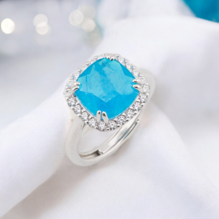 Anello Di Argento 925 Con Zirconi E Pietre Incastonate Quadrato Con Zirconi Rodiato Blu