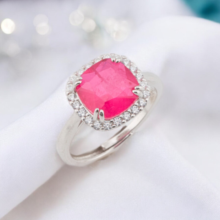 Anello Di Argento 925 Con Zirconi E Pietre Incastonate Quadrato Con Zirconi Rodiato Ruby