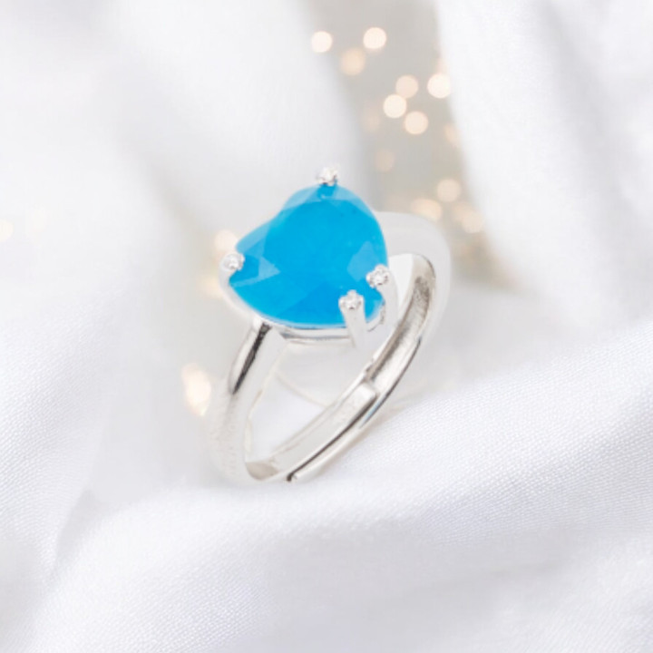 Anello Di Argento 925 Con Zirconi E Pietre Incastonate Cuore Griffe Rodiato Blu