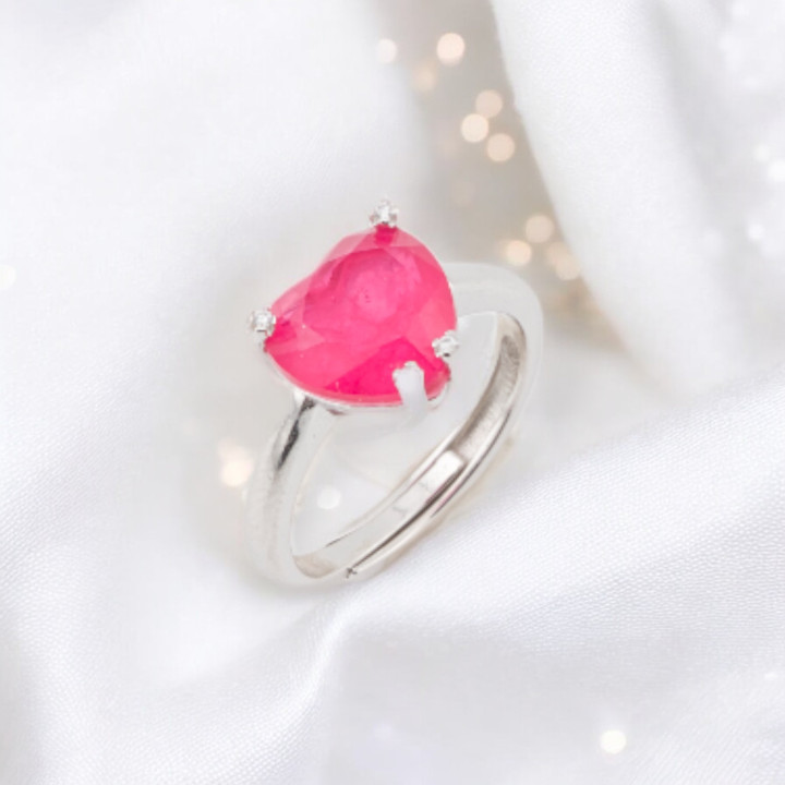 Anello Di Argento 925 Con Zirconi E Pietre Incastonate Cuore Griffe Rodiato Rosso