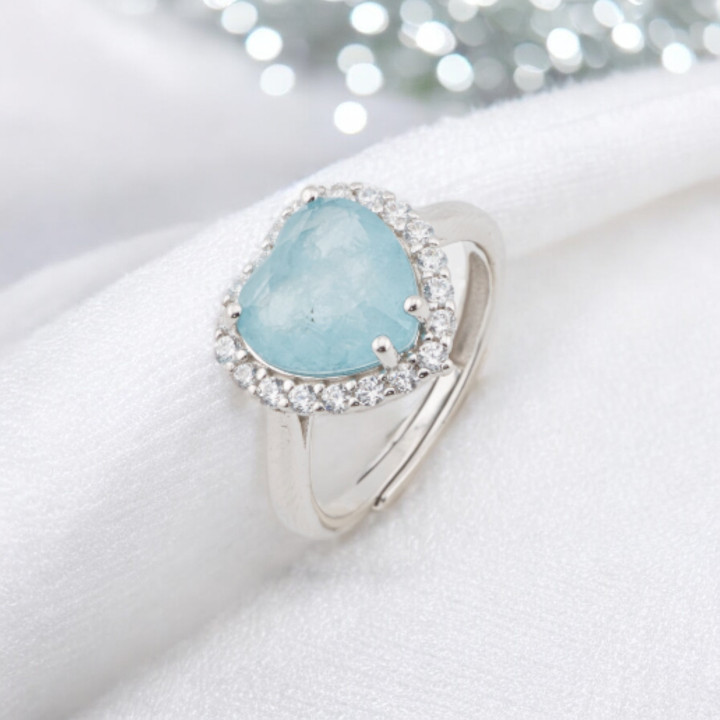 Anello Di Argento 925 Con Zirconi E Pietre Incastonate Cuore Rodiato Celeste