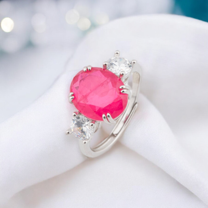 Anello Di Argento 925 Con Zirconi E Pietre Incastonate Ovale 3 Punti Rodiato Ruby