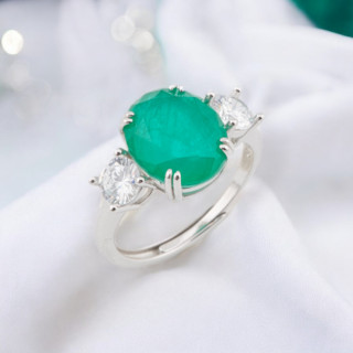 Anello Di Argento 925 Con Zirconi E Pietre Incastonate Ovale 3 Punti Rodiato Verde Smeraldo