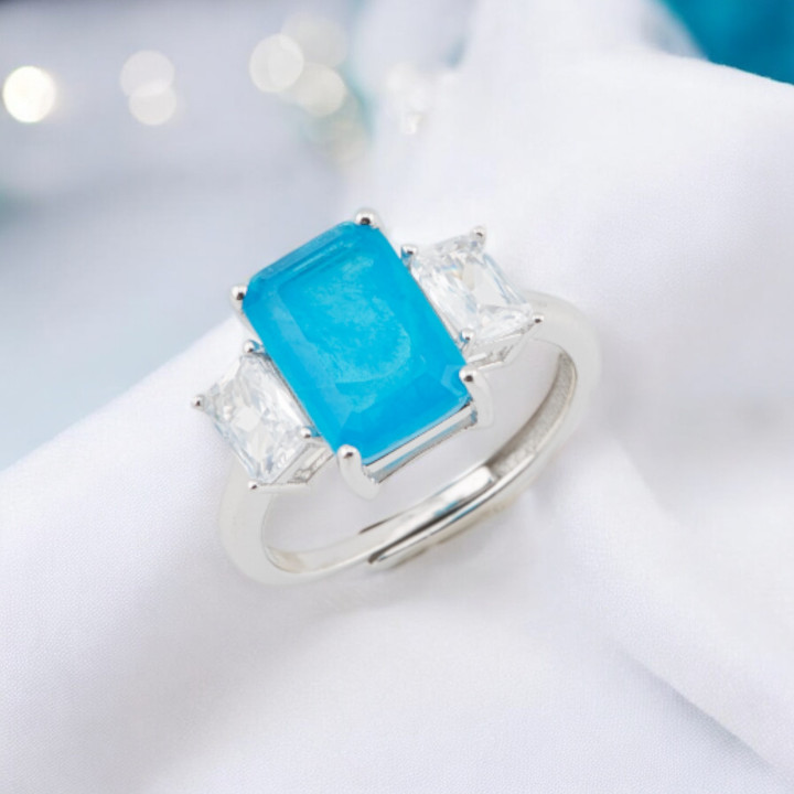 Anello Di Argento 925 Con Zirconi E Pietre Incastonate Rettangolo Rodiato Blu