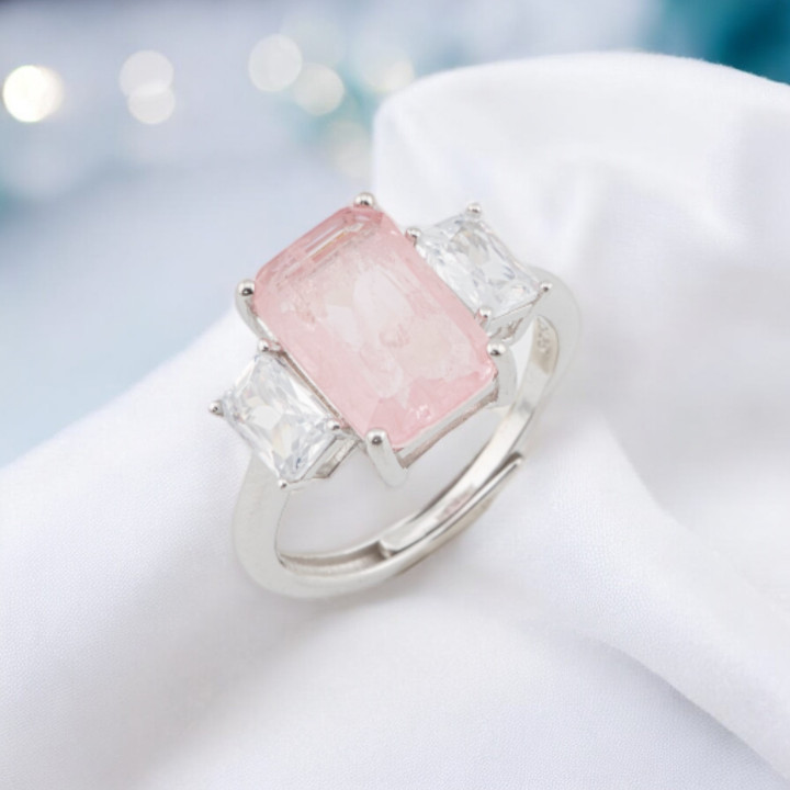 Anello Di Argento 925 Con Zirconi E Pietre Incastonate Rettangolo Rodiato Rosa