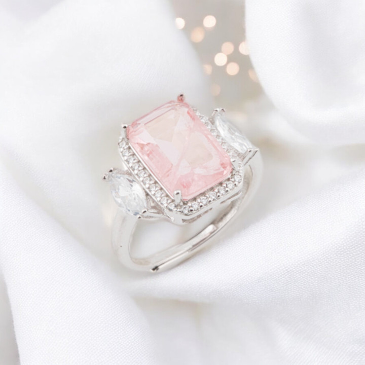 Anello Di Argento 925 Con Zirconi E Pietre Incastonate Rettangolo Zircone Rodiato Rosa