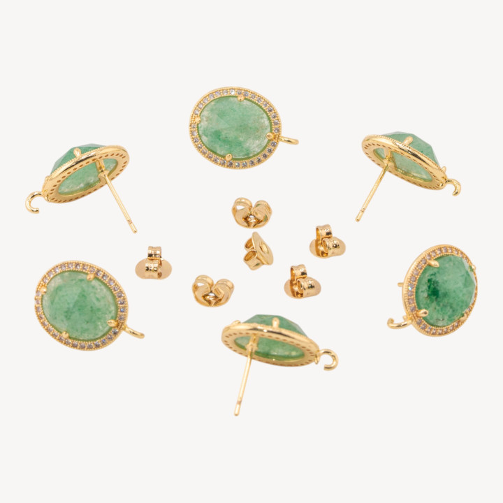 Base Per Orecchini Di Bronzo A Perno Con Pietre Dure E Strass 14x16mm 3 Paia Dorato Avventurina Verde
