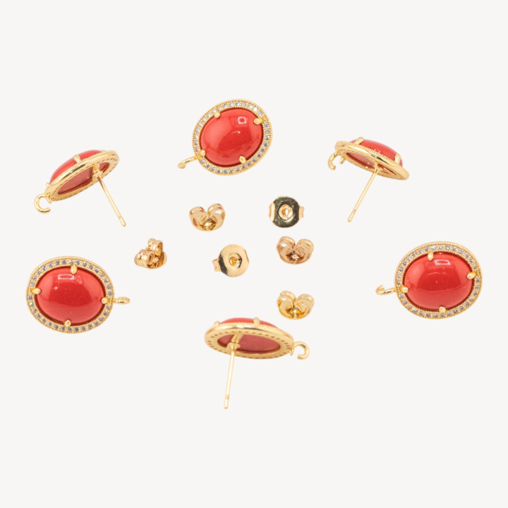 Base Per Orecchini Di Bronzo A Perno Con Pietre Dure E Strass 14x16mm 3 Paia Dorato Pasta Di Corallo