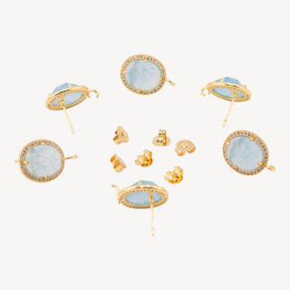 Base Per Orecchini Di Bronzo A Perno Con Pietre Dure E Strass 14x16mm 3 Paia Dorato Quarzo Celeste