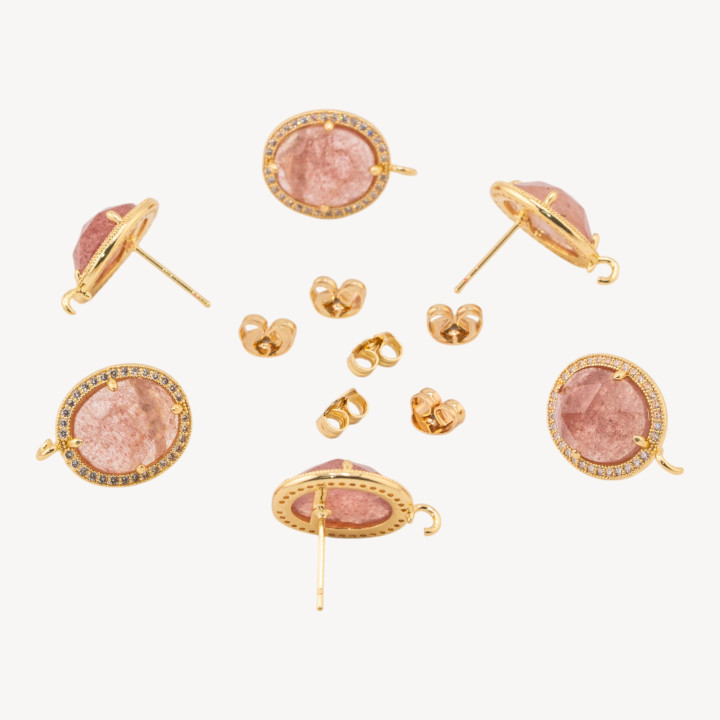 Base Per Orecchini Di Bronzo A Perno Con Pietre Dure E Strass 14x16mm 3 Paia Dorato Quarzo Fragola