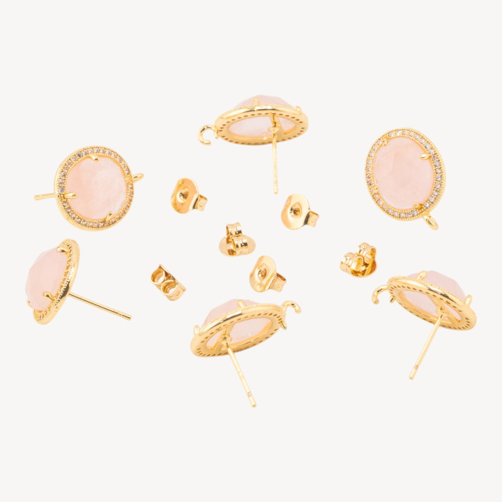 Base Per Orecchini Di Bronzo A Perno Con Pietre Dure E Strass 14x16mm 3 Paia Dorato Quarzo Rosa