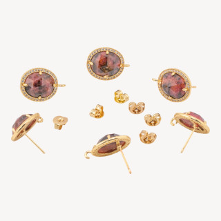 Base Per Orecchini Di Bronzo A Perno Con Pietre Dure E Strass 14x16mm 3 Paia Dorato Rodonite