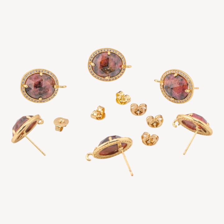 Base Per Orecchini Di Bronzo A Perno Con Pietre Dure E Strass 14x16mm 3 Paia Dorato Rodonite