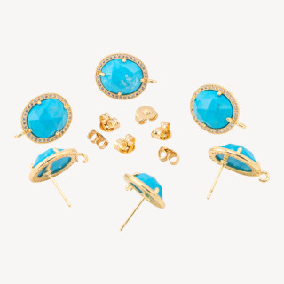 Base Per Orecchini Di Bronzo A Perno Con Pietre Dure E Strass 14x16mm 3 Paia Dorato Turchesite