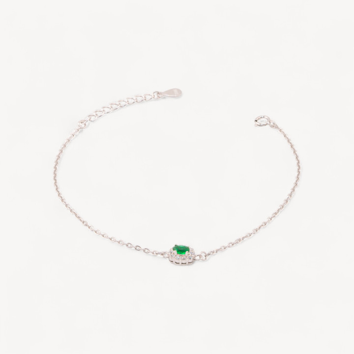 Bracciale In Argento 925 Con Centrale Ovale Di Zirconi 17,5+3cm Rodiato Verde
