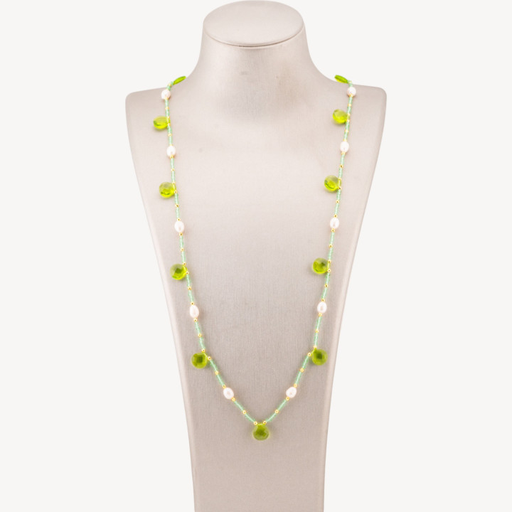 Collana Bijoux Di Cristalli CZ Con Perle Di Fiume Pietre Dure E Ematite 90cm Peridot