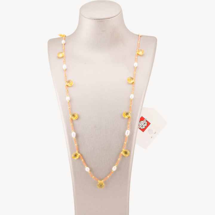 Collana Bijoux Di Cristalli CZ Con Perle Di Fiume Pietre Dure E Ematite 90cm Topazio Giallo