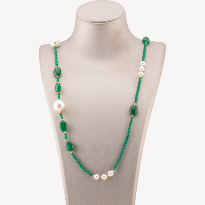 Collana Bijoux Di Cristalli CZ Con Pietre Dure E Perle Di Maiorca Con Ematite 90cm