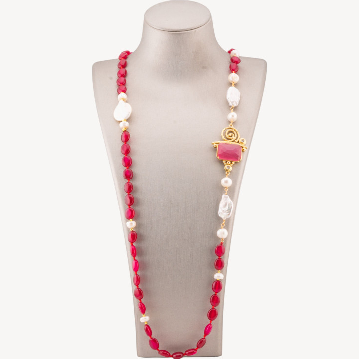 Collana Bijoux Di Pietre Dure Burattate Con Perle Di Fiume Barocche e Centrale Di Bronzo e Occhio Di Gatto 90cm Rosso Chiaro