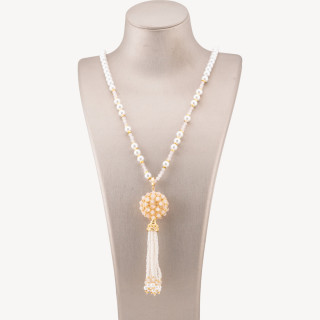 Collana Bijoux Di Pietre Dure Con Perla Di Maiorca e Centrale Di Bronzo Filigrana E Nappine 90cm Dorato Quarzo Rosa