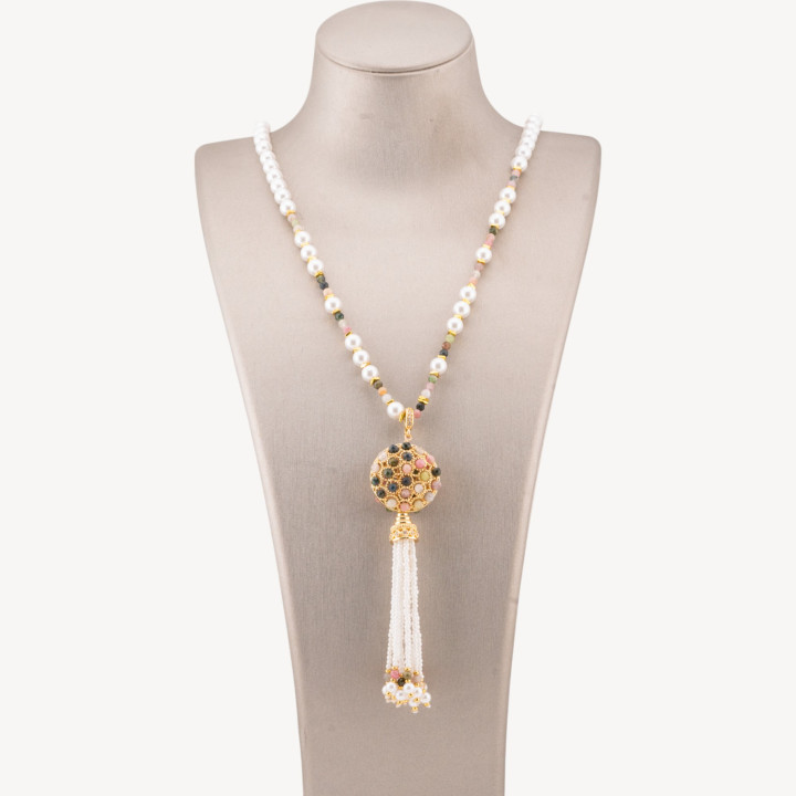 Collana Bijoux Di Pietre Dure Con Perla Di Maiorca e Centrale Di Bronzo Filigrana E Nappine 90cm Dorato Tormalina