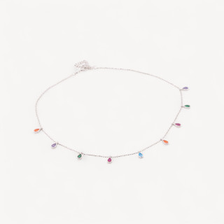 Collana In Argento 925 Con Catena Diamantata E Zirconi A Goccia Multicolor 38+5cm Rodiato