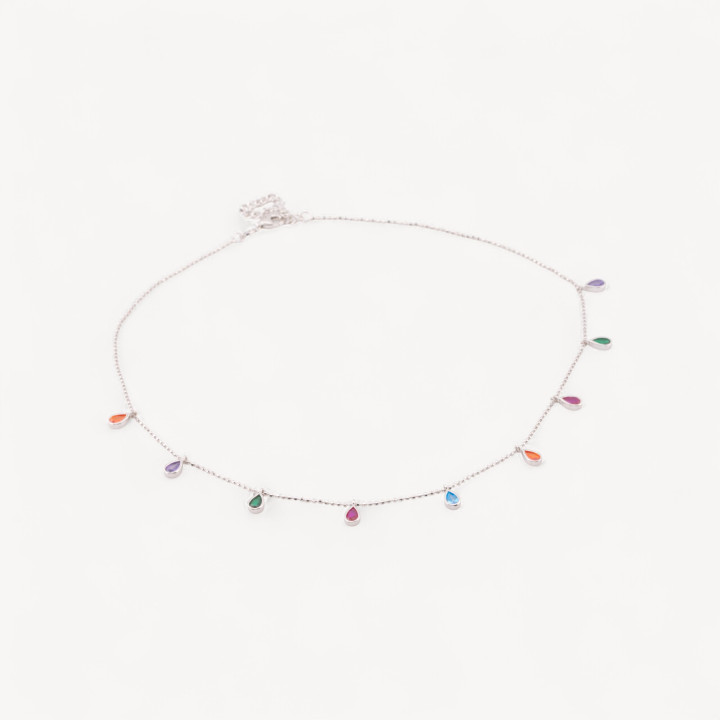Collana In Argento 925 Con Catena Diamantata E Zirconi A Goccia Multicolor 38+5cm Rodiato