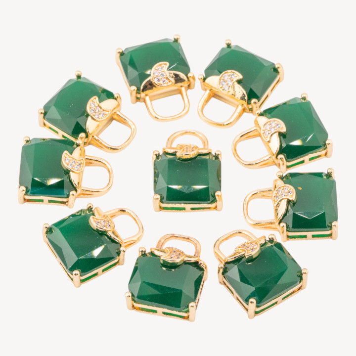 Componente Pendente Di Bronzo Con Zirconi Borsetta Sfaccettato 15x20mm 10pz Con 1 Anellino Verde Pieno