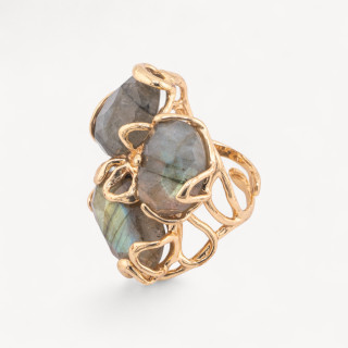 Anello Regolabile in Bronzo Dorato Collezione AURORA con Pietre Dure Labradorite | Gioiello Artigianale Donna 32x36mm