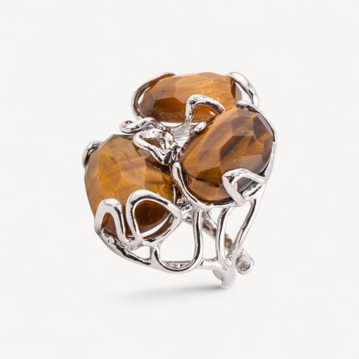 Anello Regolabile in Bronzo Rodiato Collezione AURORA con Pietre Dure Occhio Di Tigre Giallo | Gioiello Artigianale Donna 32x36