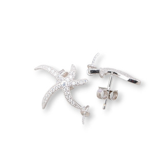 Base Per Orecchini Di Argento 925 Perno Stella Marina Con Zirconi 18mm 2 Paia Rodiato Completo Di Farfalline
