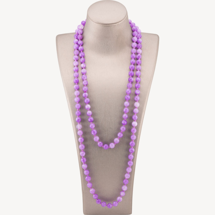 Collana Bijoux Charlestone Di Pietre Dure  8mm Annodate 120cm Giada Lavanda