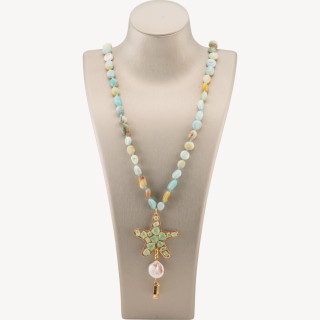 Collana Bijoux Charlestone Di Pietre Dure Sasso Burattato 8x10mm Con Stella Marina 90cm Occhio Di Gatto E Perle Di Fiume Amazzo