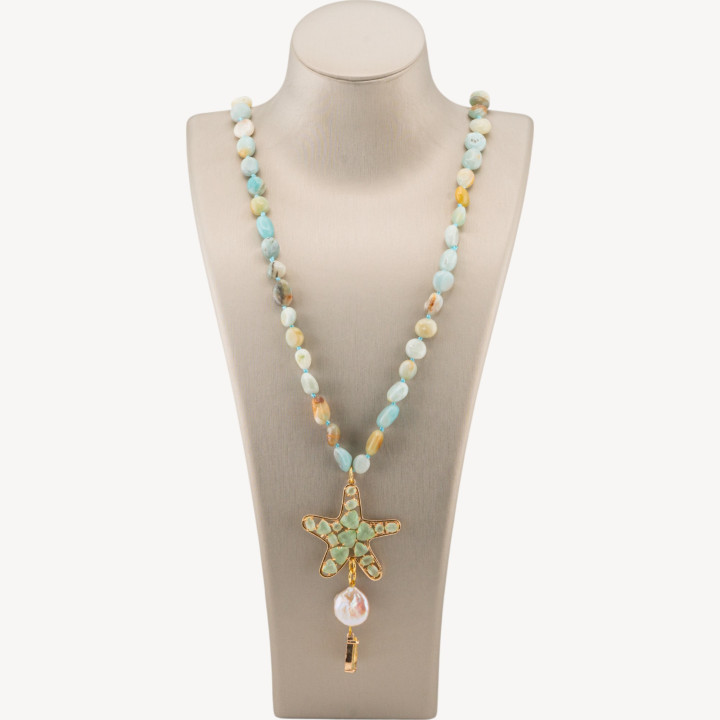 Collana Bijoux Charlestone Di Pietre Dure Sasso Burattato 8x10mm Con Stella Marina 90cm Occhio Di Gatto E Perle Di Fiume Amazzo