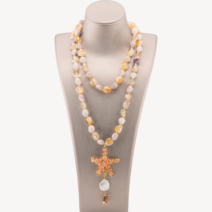 Collana Bijoux Charlestone Di Pietre Dure Sasso Burattato 8x10mm Con Stella Marina 90cm Occhio Di Gatto E Perle Di Fiume Ametis