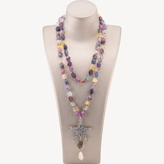 Collana Bijoux Charlestone Di Pietre Dure Sasso Burattato 8x10mm Con Stella Marina 90cm Occhio Di Gatto E Perle Di Fiume Fluori