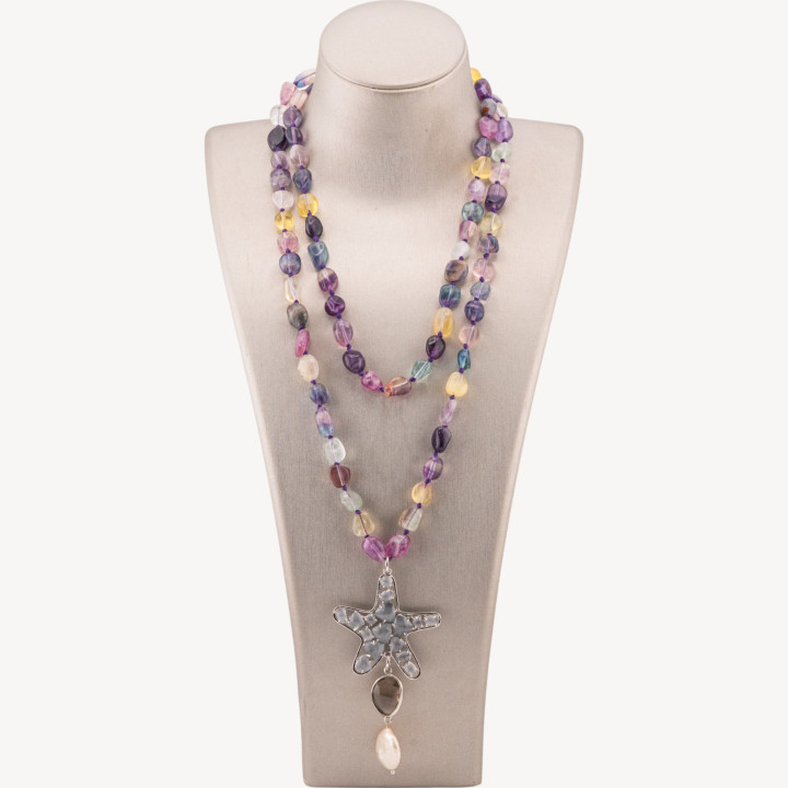 Collana Bijoux Charlestone Di Pietre Dure Sasso Burattato 8x10mm Con Stella Marina 90cm Occhio Di Gatto E Perle Di Fiume Fluori