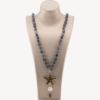 Collana Bijoux Charlestone Di Pietre Dure Sasso Burattato 8x10mm Con Stella Marina 90cm Occhio Di Gatto E Perle Di Fiume Iolite