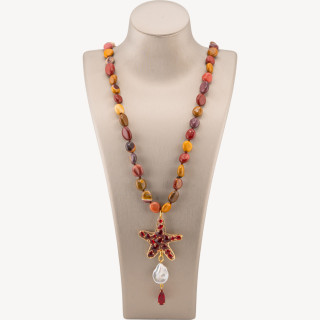 Collana Bijoux Charlestone Di Pietre Dure Sasso Burattato 8x10mm Con Stella Marina 90cm Occhio Di Gatto E Perle Di Fiume Mokait